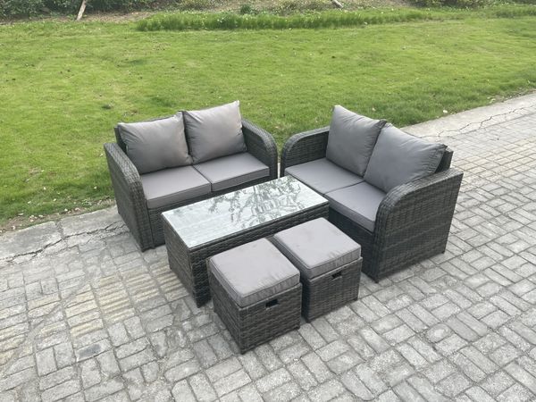 Fimous Rattan Gartenmöbel Set im Balkon Garten Sofa Set mit Rechteckiger Couchtisch 2 kleine Fußhockern