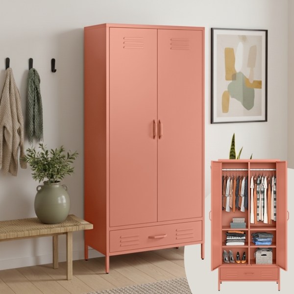 skølm 'Atria' Kleiderschrank mit Schublade, Metall, 170x45x80 cm, terrakotta, Garderobe mit 4 Fächern und 2 Kleiderstangen