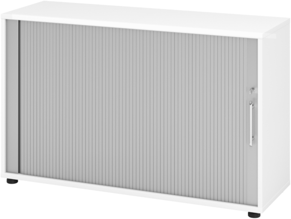 bümö Aktenschrank abschließbar mit Rollladen, Rollladenschrank für Ordner & Co. - Büroschrank mit Rollo, abschließbarer Ordnerschrank aus Holz in Weiß/Silber mit Relinggriff, 1732S-W-S-RE