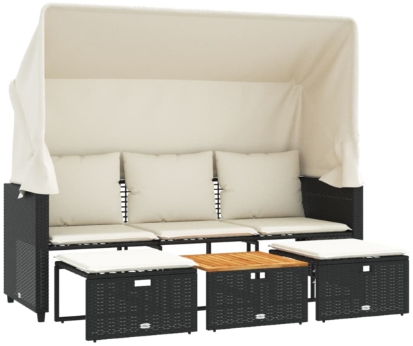 vidaXL Outdoor-Sofa 3-Sitzer mit Dach und Hockern Schwarz Poly-Rattan 365453