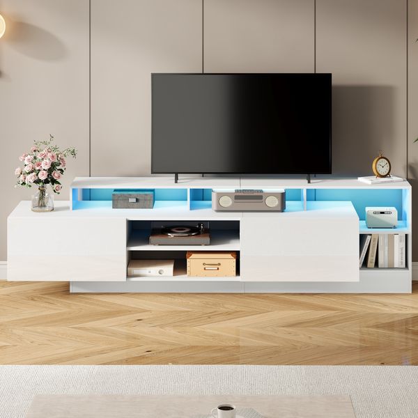 Merax 190cm TV-Schrank für TV-Geräte bis 70 Zoll, offener Stauraum mit LED-Anzeigen, geeignet für Schlaf- und Wohnzimmerschrank, lowboard mit Hochglanzdesign, Standfernsehschrank