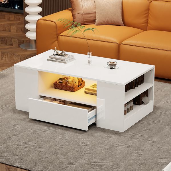Couchtisch Weiß mit LED-Beleuchtung, 2 Schubladen & 2 Regale, Sofatisch Beistelltisch Wohnzimmermöbel 95×53×37 cm