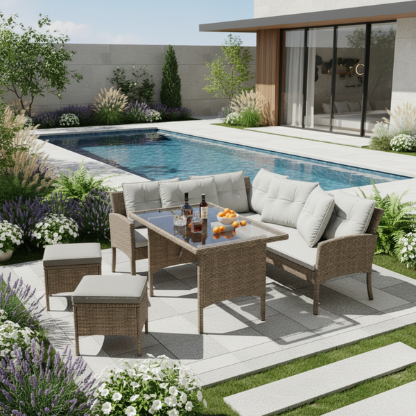 Merax Rattan Gartenmöbel Set 7 Personen, Terassenmöbel Balkonmöbel Set 4-tlg mit Kissen, Gartenlounge Set Loungemöbel Gartengarnitur Sitzgruppe, Khaki