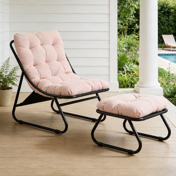 LVHOM Sessel mit Hocker, Gepolsterter Loungesessel aus Cord mit Metallgestell, ergonomischer Relaxsessel für Wohnzimmer und Schlafzimmer, Rosa