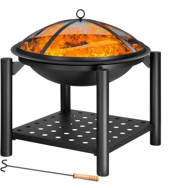 GARDEBRUK® Feuerschale, mit Funkenschutz, Schürhaken, Abdeckung, Stahl Schwarz, 38,5 x 55 x 55 cm