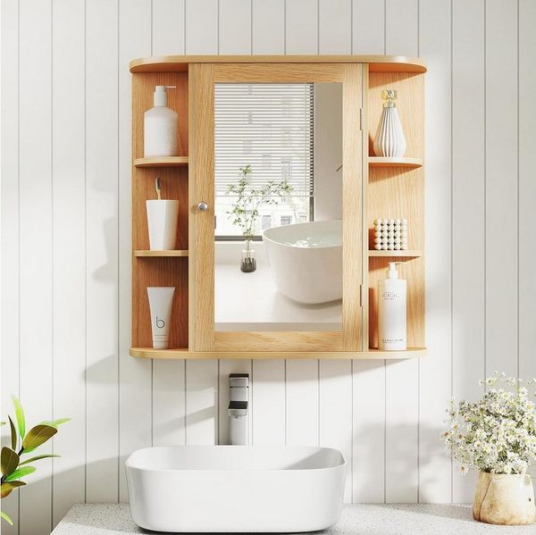 KOMFOTTEU Spiegelschrank Badschrank Hängeschrank Wandschrank mit Ablagen, 66 x 17 x 63 cm
