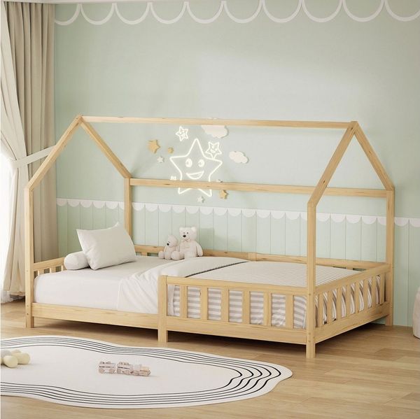ML-DESIGN Spielbett Hausbett Kinderbett inkl. Lattenrost kreativ Bodenbett für Kinder, Abenteuerbett zum Spielen mit Rausfallschutz Kiefer Natur Himmelbett