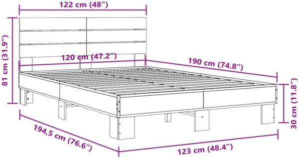 vidaXL Bettgestell Räuchereiche 120x190 cm Holzwerkstoff und Metall 3280159 Bild 8