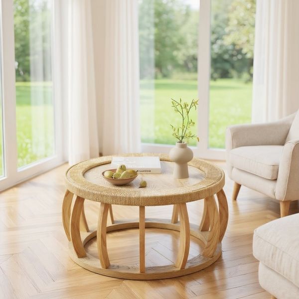 MODFU Couchtisch Rattan Rundes Kaffeetisch mit Gebogenen Beinen, Wohnzimmertisch Sofatisch