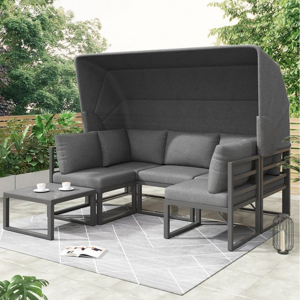 Merax Loungeset für 5 Personen mit Eisenrahmen, (4-tlg, 1 3-Sitzer, 2 Sessel, 1 Couchtisch), Gartenmöbel Set mit aufklappbarem Sonnendach, Sitzgruppe, Sonneninsel
