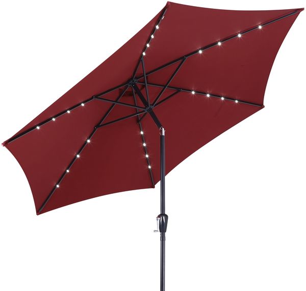 Kingsleeve Sonnenschirm mit LED Beleuchtung, Solarbetrieben, UV Schutz 30+, wasserabweisend, Alugestell / Polyester rot, Ø 270 cm