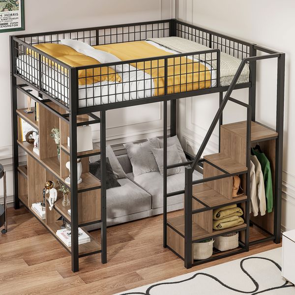 Novelux Hochbett 140x200 cm mit Treppe und Schrank – Stabiles Metallbett mit Stauraum, Platzsparendes Jugendbett und Erwachsenenbett, Robustes Metall Schwarz