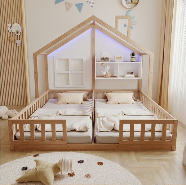 Merax Kinderbett 90×200cm Bodenbett mit LED-Licht, Jugendbett im Hausdesign (1-tlg), Doppelbett 90×200cm mit Sicherheitsgeländer, Ablagefach & Lattenrost