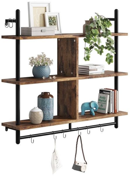 Bestier Wandregal Schweberegale, Küchenregal, Wandmontage, 3 Etagen – 110 x 94 x 9,4 cm, Vintage Holzregal 8-tlg, mit 8 Haken für Küche, Bad, Schlafzimmer