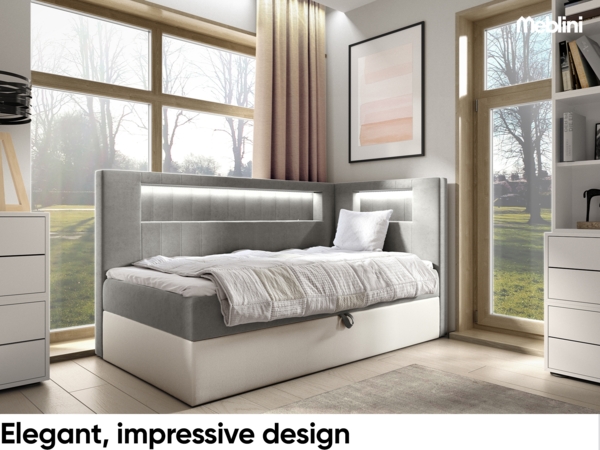 MEBLINI Kinderbett mit Bettkasten GARETH 3 90x200 Rechts – H3/Grau Samt Gepolstert Einzelbett mit Matratze - Polsterbett mit Stauraum - Bett mit Kopfteil – Stauraumbett Bild 2