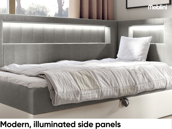MEBLINI Kinderbett mit Bettkasten GARETH 3 90x200 Rechts – H3/Grau Samt Gepolstert Einzelbett mit Matratze - Polsterbett mit Stauraum - Bett mit Kopfteil – Stauraumbett Bild 3