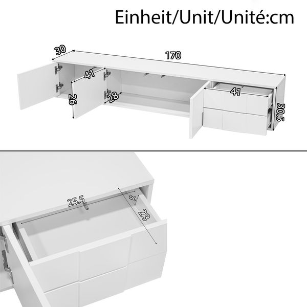 TV Lowboard 170 cm Weiß Hochglanz schwebend - Moderner Fernsehschrank grifflos wandmontierbar mit Schubladen, für Wohnzimmer Bild 10