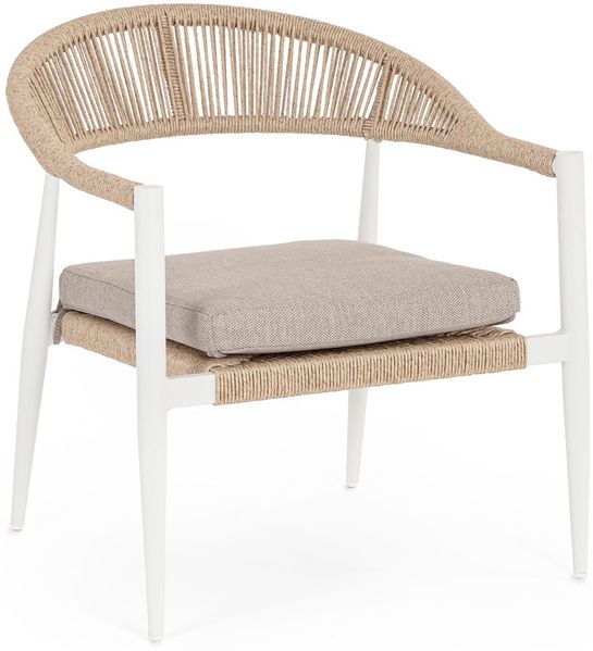 Gartensessel Aidnaja aus Aluminium, modernes Design mit Twist Rattan, Weiß Beige, inkl. Kissen