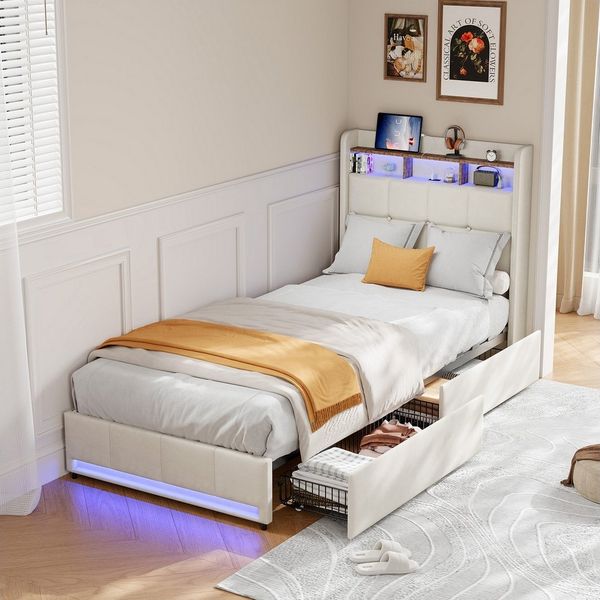 Furnishings Home Polsterbett 90x200 cm, LED Stauraumbett Jugendbett (1-tlg, Leinenmaterial, Komforthöhe, Leises Design Bett), Mit Ladefunktion und 2 Schubladen LED-Beleuchtung Einzelbett