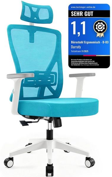 Durrafy Bürostuhl 200kg Ergonomischer Bürostuhl-Verstellbare Lordosenstütze (200 kg extra hohe Belastbarkeit) Verstellbare Lendenwirbelstutze + Kopfstutze + hohenverstelbare Armlehnen),bis zu 130° neigbar, atmungsaktives Netzgewebe, Drehstuhl
