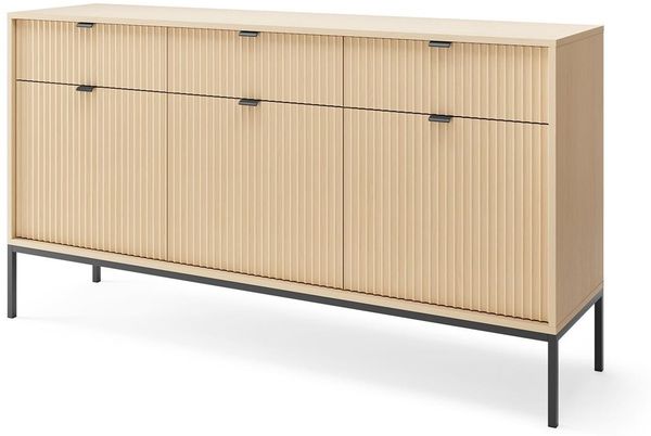 Bettso 'Nova' Sideboard mit 3 Türen und Schubladen, geriffelte Fronten, Holzwerkstoff Vicenza Eiche 83 x 39 x 154 cm