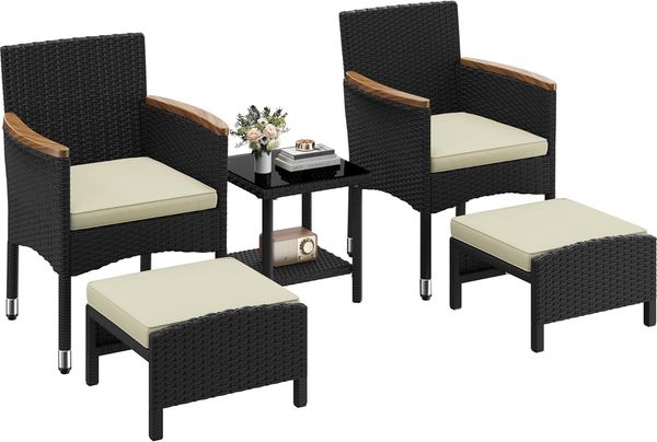Yaheetech 5er Set Rattan Gartenmöbel Balkonmöbel Terassenmöbel Außen Kleiner Balkon mit 2 Einzelsofas & 2 Fußhocker & 1 Kaffeetisch, Schwarz & Beige