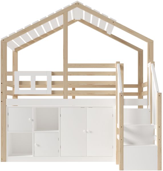 Merax Hausbett Hochbett, Kinderbett 90x200cm, Hausform, mit Bettgitter, Mehrere Schließfächer, Stauraumleiter, ohne Matratze, Weiß + Natur Bild 8