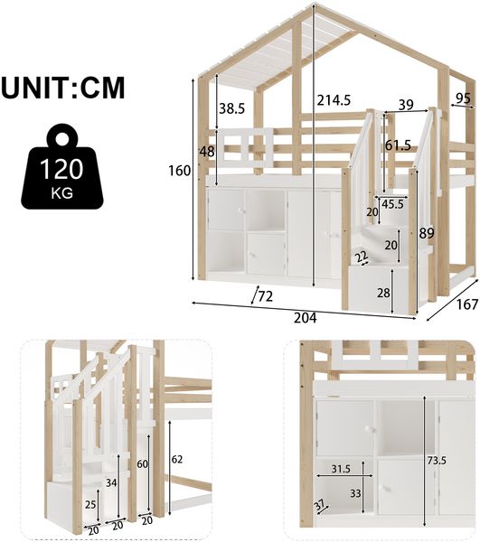 Merax Hausbett Hochbett, Kinderbett 90x200cm, Hausform, mit Bettgitter, Mehrere Schließfächer, Stauraumleiter, ohne Matratze, Weiß + Natur Bild 4