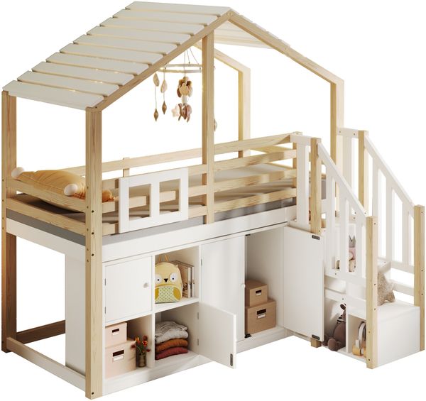 Merax Hausbett Hochbett, Kinderbett 90x200cm, Hausform, mit Bettgitter, Mehrere Schließfächer, Stauraumleiter, ohne Matratze, Weiß + Natur Bild 10