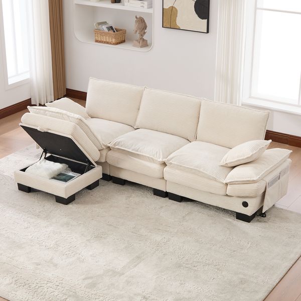 3-Sitzer Sofa aus Cord 260x132x84 cm mit USB-C & Hocker, beige