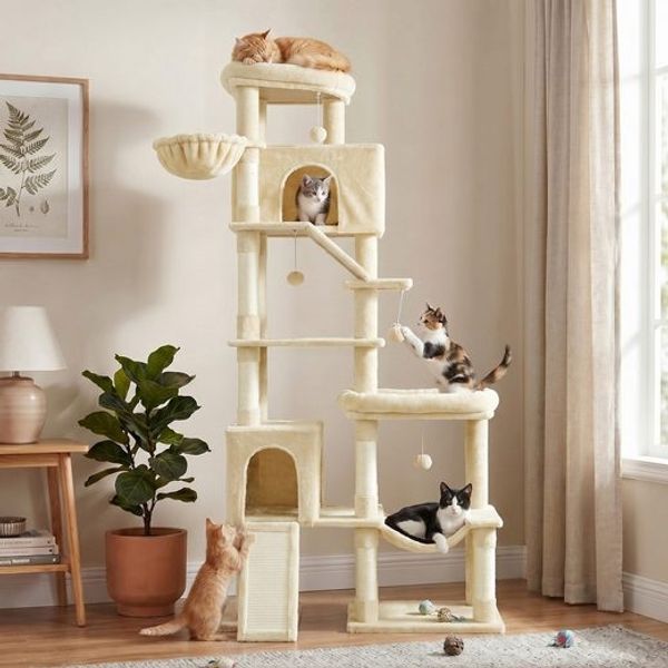 FEANDREA Kratzbaum XXL für Große Katzen mit 6 Ruhebereichen 105 x 45 x 202 cm Beige