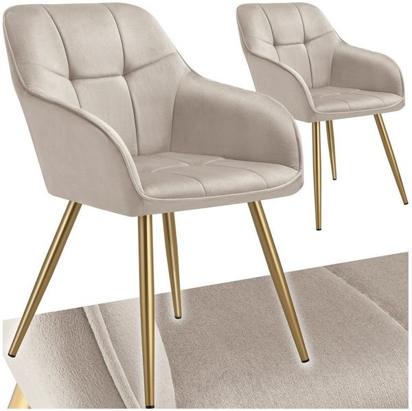 tectake Esszimmerstuhl Polstersessel gepolstert, in Samtoptik, gesteppt, 58 x 62 x 82 cm (Küchenstuhl Marilyn in taupe/gold, 2 St), schlanke, goldene Stahlbeine, bodenschonend, Belastbarkeit 120 kg