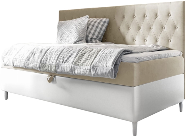 MEBLINI Kinderbett mit Bettkasten FILIPPO 2 90x200 - H3/Beige Samt Gepolstert Einzelbett mit Matratze - Polsterbett mit Stauraum - Bett mit Kopfteil – Stauraumbett