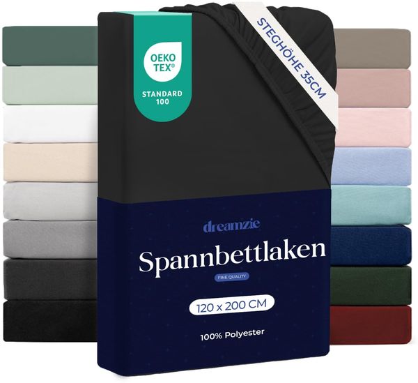 Dreamzie Spannbettlaken 120x200 cm - Hoher Steg bis 35 cm - 100% Mikrofaser - Schwarz - Schadstoffgeprüft (Oeko TEX), Bettlaken mit Gummizug