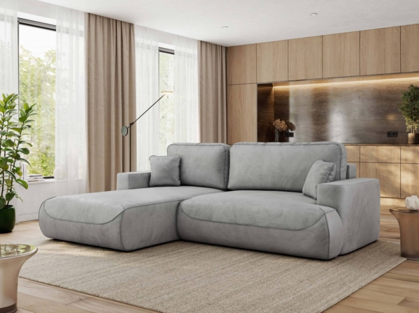 Ecksofa OVO mit schlaffunktion und bettkasten, Wellenfeder, lose Kissen, L-form 271x195 cm - Hellgrau Velvet - linke Seite