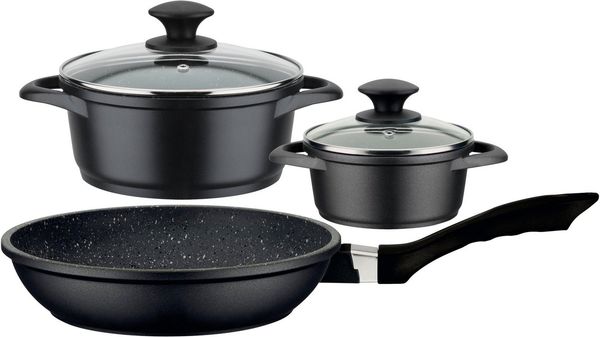 GSW Topf-Set Gourmet Granit, Aluminiumguss (Set, 5-tlg, 1 Kochtopf 16 x H 7,5 cm, 1 Kochtopf 20 x H 9,0 cm, 1 Bratpfanne 24 cm), VITAFLON® GRANIT Antihaft-Versiegelung, Granit-Design, Induktion