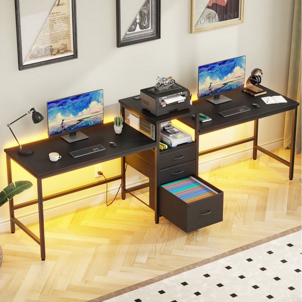 OYRREU Doppelschreibtisch mit LED-Beleuchtung, 3 Stoffschubladen, Computertisch, OTTO’S CHOICE (Bürotisch 2 in 1 Set, 2 Arbeitsplätze mit RGB-LED-Streifen, offenes Ablagefach), Breite 240cm, verstellbare Füße, integrierte Ladestation