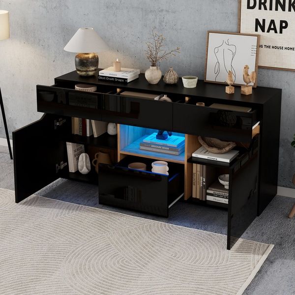 Merax Sideboard hochglanz Anrichte mit LED, Buffetschrank in Weiß/Schwarz & Holzoptik (1 St), Kommode mit 4 Schubladen, 2 Schränken & halboffenem Fach, 140x40x70cm