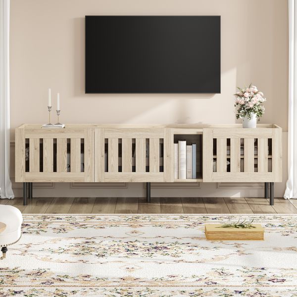 TV-Schrank Lowboard aus MDF mit durchbrochenem Holzdesign & 5 Beinen, 160x40x47 cm, Naturholz