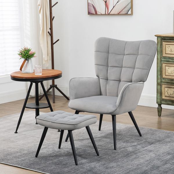 Ohrensessel-Set mit Hocker, weich gepolstert, 73x77,5x98 cm, Hellgrau