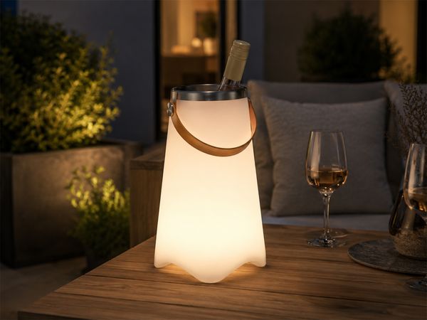 meineWunschleuchte 'Calloon' Tischlampe mit Farbwechsel, Bluetooth Lautsprecher & Weinkühler, Kunststoff weiß, Ø 24,5x38 cm