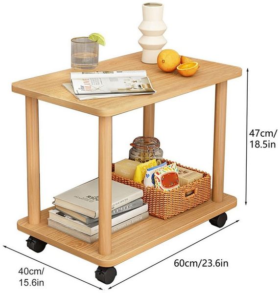 SURFOU Beistelltisch Holz mit Rollen Schmaler Nachttisch mit 2 Ebenen (Kleine Nachttische Couchtisch Teetisch Sofatisch 360° Drehung), für Wohnzimmer Schlafzimmer Balkon 60*40*53cm