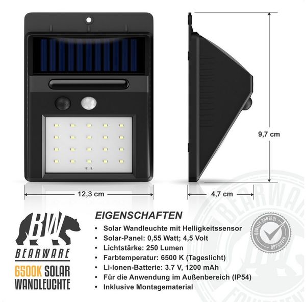 BEARWARE LED Solarleuchte Solarlampe für Außen mit Bewegungsmelder & Akku 1200mAh, IP54, Ein-/Ausschalter, LED fest integriert, Kaltweiß, Wandleuchte, 20 SMD-LEDs, Sensor Reichweite bis 5m, 250 Lumen, 6500K