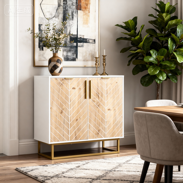 HOME NATURE WOHNKONZEPT Sideboard / Buffet Weiß & Holz 80x40x80 cm – 2 Türen, 2 Einlegeböden, Metallfüße, Küchen- und Esszimmer Schrank
