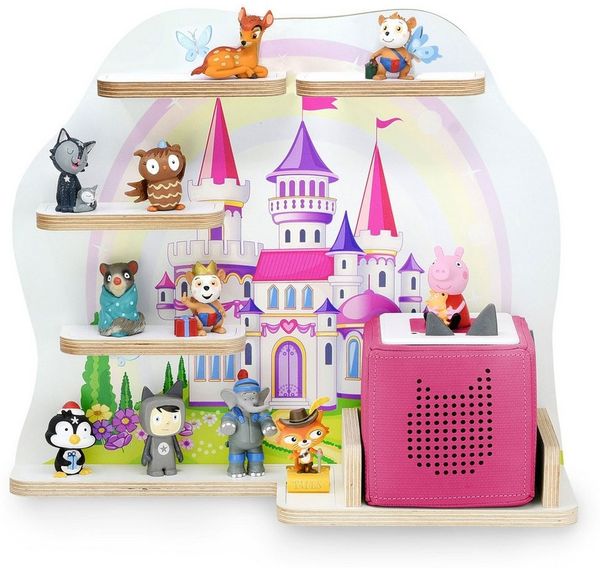 stadtecken Holzregal für Musikbox I passend für die Toniebox und ca. 35 Tonies I Perfekte Aufbewahrung im Kinderzimmer I zum Aufstellen oder Aufhängen (Märchenschloss)