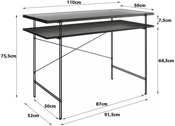 loft24 Schreibtisch Rain, Arbeitstisch, Computertisch, Glastisch, Metallgestell, Breite 110 cm