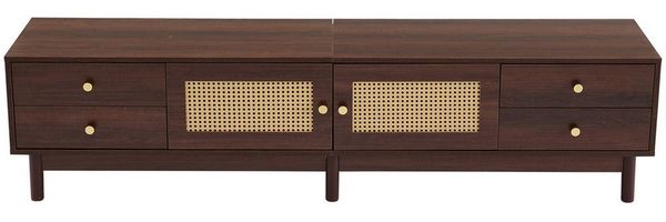 IDEASY TV-Schrank Holzfarbe TV- Schrank, Lowboard mit Rattan- Tür Design, 180×35×44 cm 2 Türen, 4 Schubladen, geeignet für TV-Geräte bis zu 80 Zoll