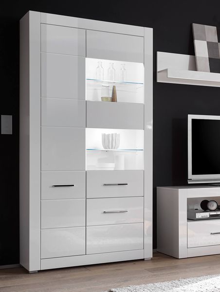 Vitrine ""Bianco"" Standvitrine Stauraumvitrine mit LED 100cm weiß Hochglanz