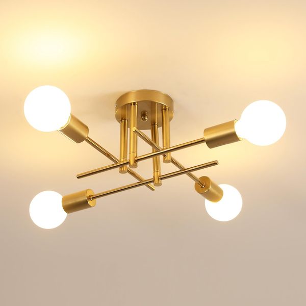 Goeco Gold Deckenleuchte Kronleuchter Vintage, Metall Deckenlampe E27 Lampenfassung 4 Flammig, Industrial Pendelleuchte für Schlafzimmer, Wohnzimmer, Esszimmer, Küche, 43 CM