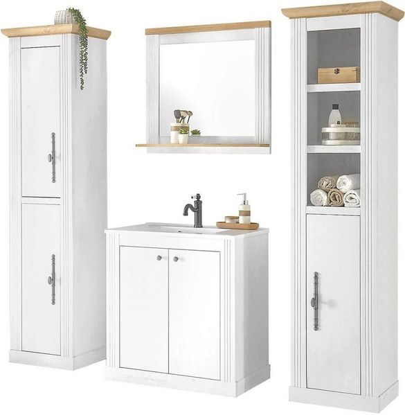 Home affaire Badmöbel-Set WESTMINSTER, Bad im Landhausstil, 4-teiliges Badezimmer, (4-St), Waschtisch, Spiegel, 2 Hochschränke, in 2 Farben, Breite 220 cm